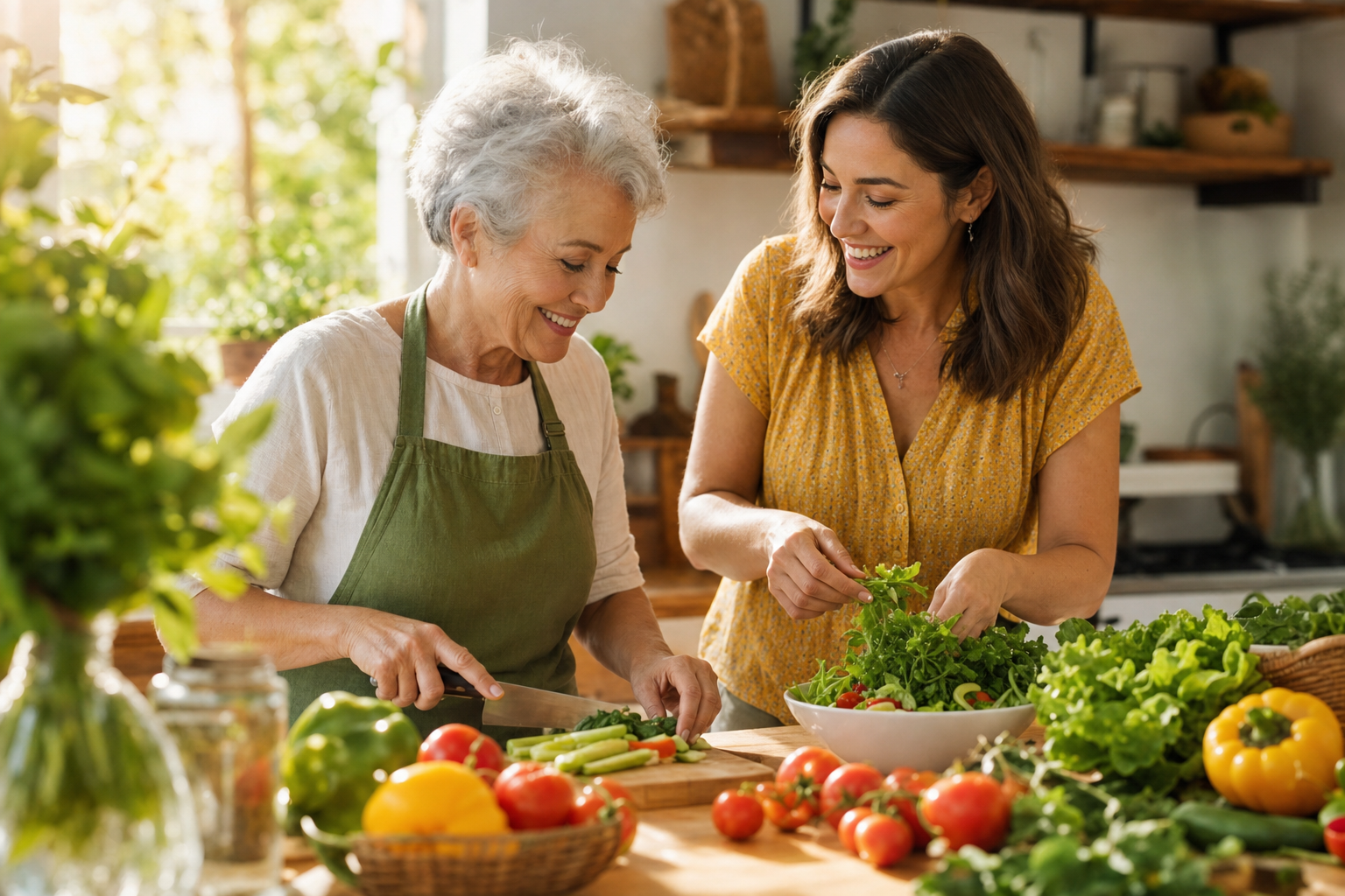 A nutrition coach and an older adult preparing fresh vegetables together in a bright kitchen