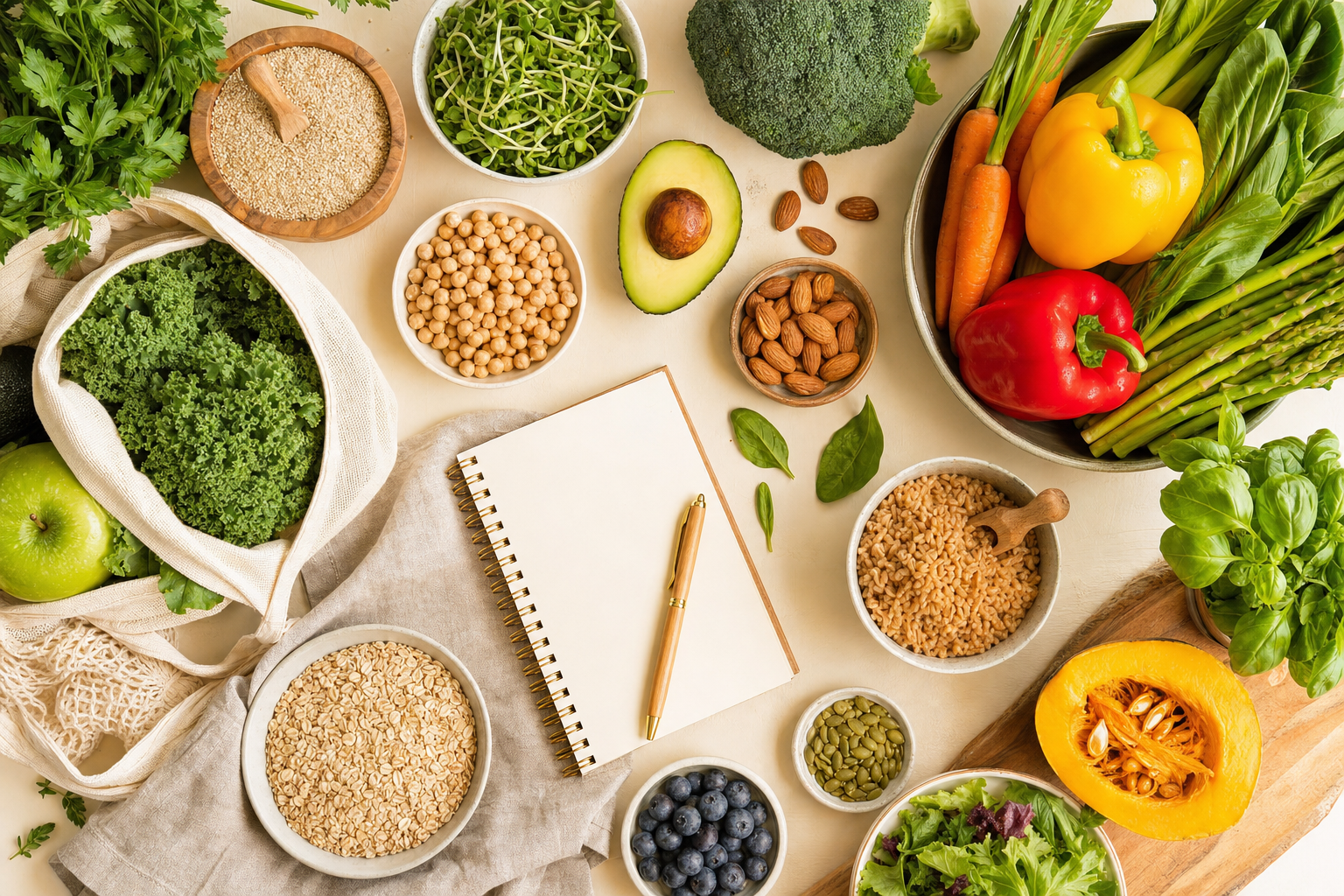 Fresh vegetables, whole grains, and a meal-planning notebook laid out on a bright surface